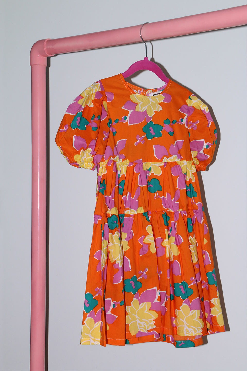 Maxi Floral Dress in orange multicolour long puffy sleeves oversize fun and playful front photo flat lay - Sailor and Sunny