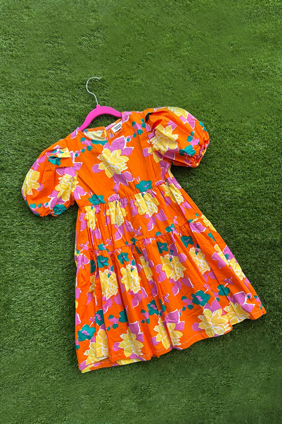 Maxi Floral Dress in orange multicolour long puffy sleeves oversize fun and playful front photo flat lay - Sailor and Sunny
